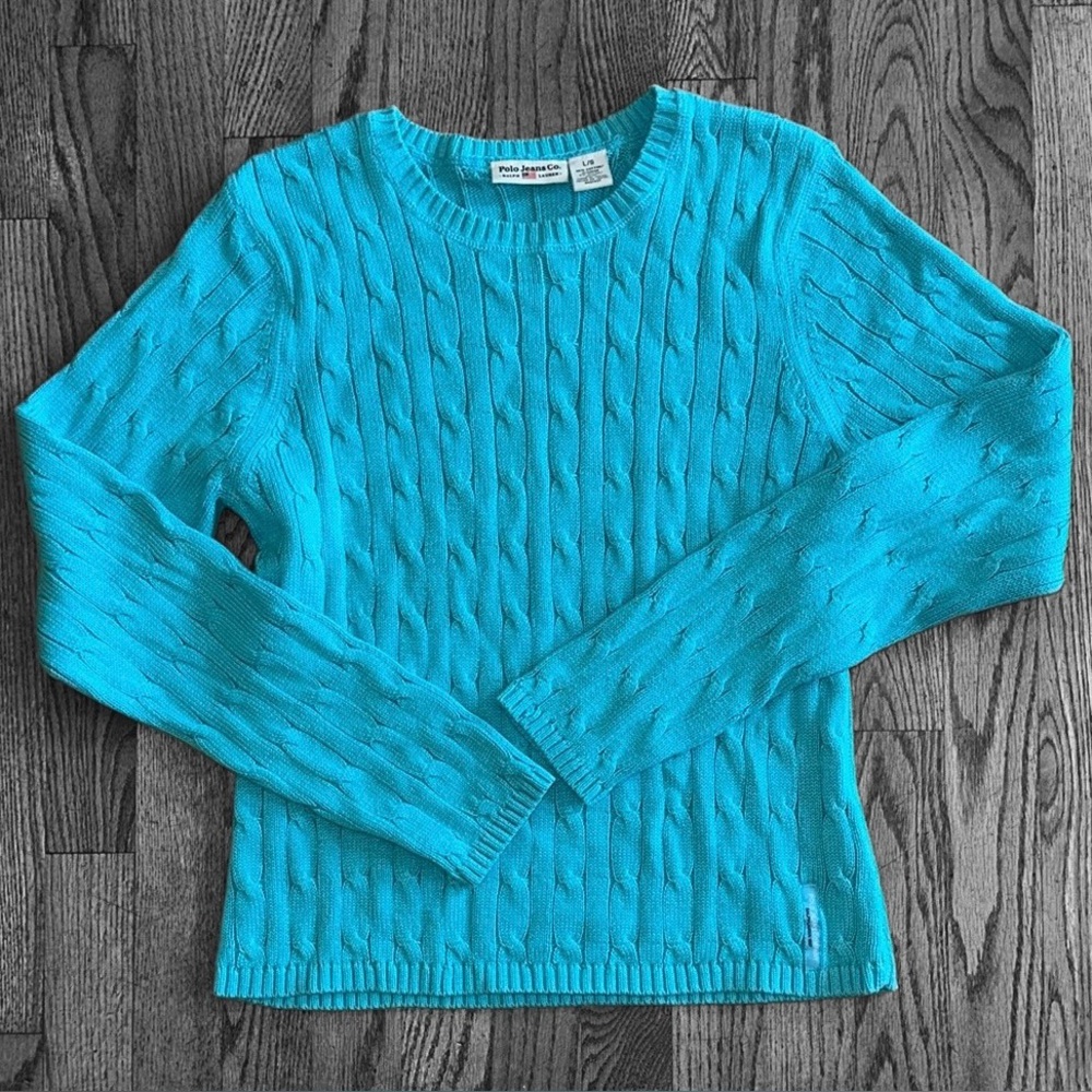 Ralph Lauren Turquoise Blue Crew Neck Cable Knit Sweater, size L - Picture 7 of 7